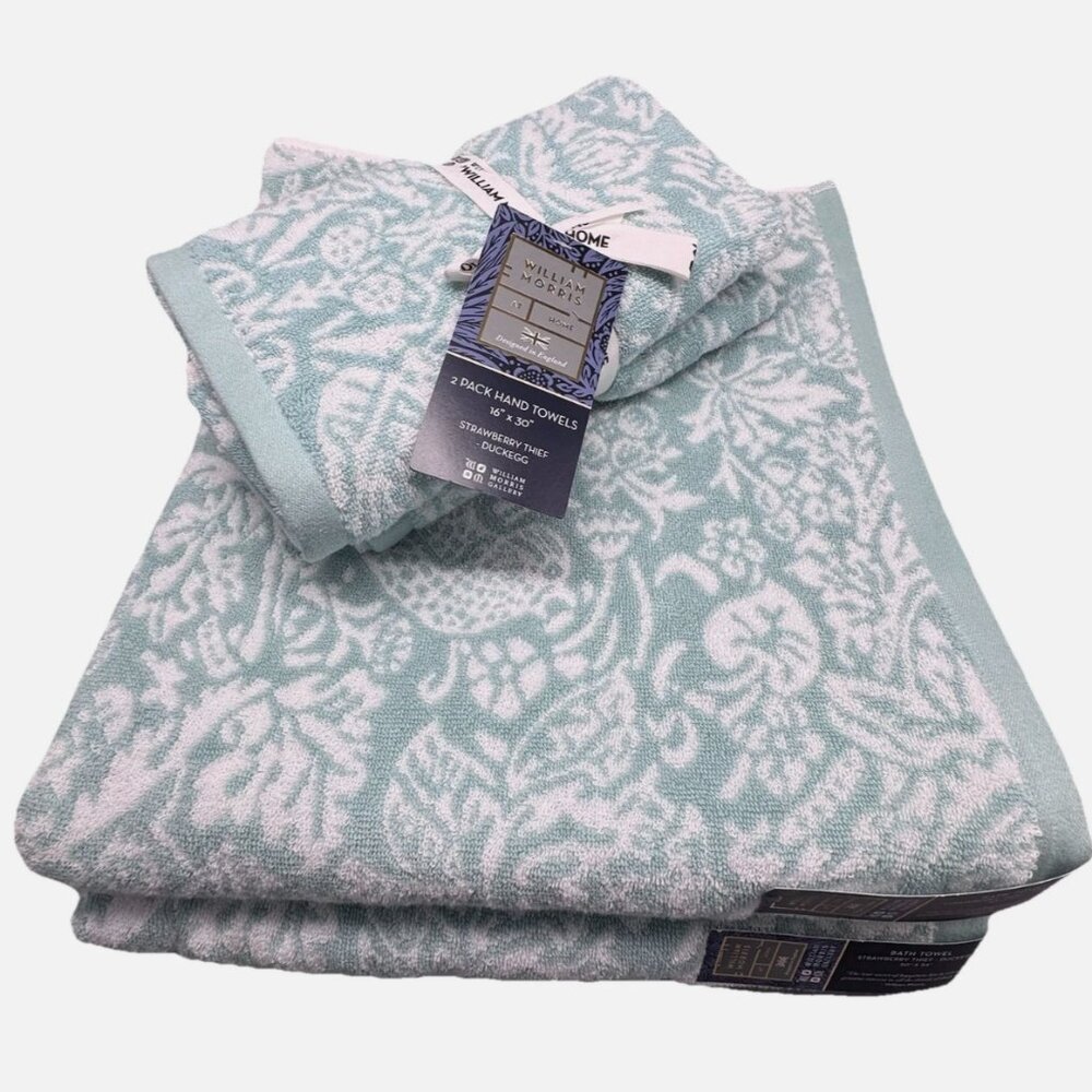 4pc William Morris STRAWBERRY THIEF Floral Bath Hand Towel Set Turquoise Duckegg